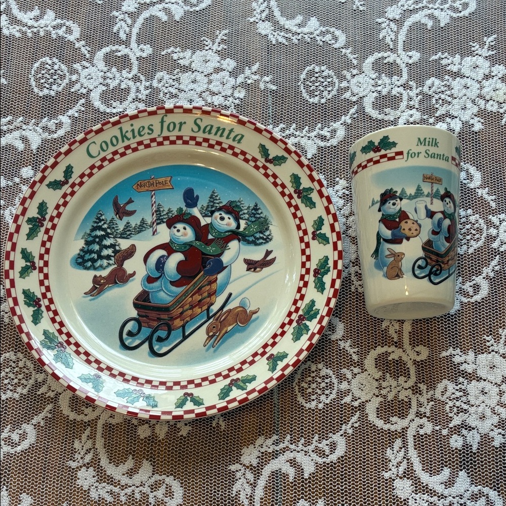 Longaberger Pottery Cookies and Milk for Santa plate and cup set